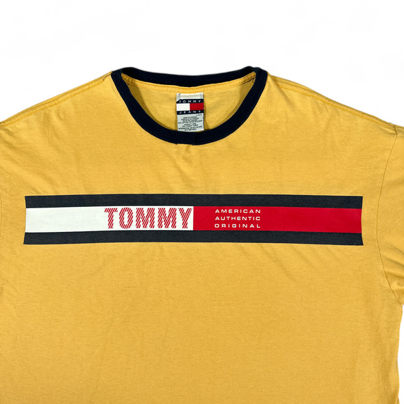 Vintage Tommy Hilfiger Shirt Adult LARGE Yellow Tommy Jeans Flag Logo Y2K Ringer - Picture 3 of 11